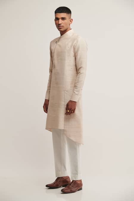 Dhruv Vaish_Brown Raw Silk Metal Asymmetric Kurta Set _Online_at_Aza_Fashions