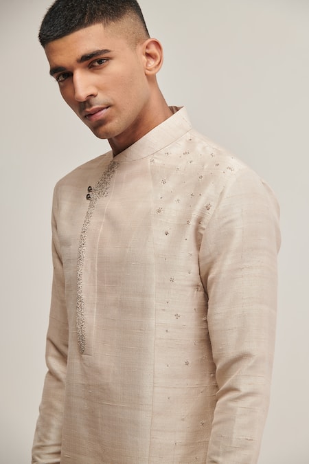 Buy_Dhruv Vaish_Brown Raw Silk Metal Asymmetric Kurta Set _Online_at_Aza_Fashions