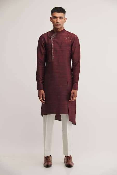 Dhruv Vaish_Purple Raw Silk Metal Asymmetric Kurta Set _Online_at_Aza_Fashions