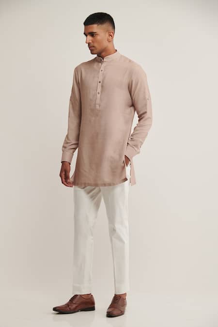 Dhruv Vaish Brown Cotton Silk Plain Short Kurta 