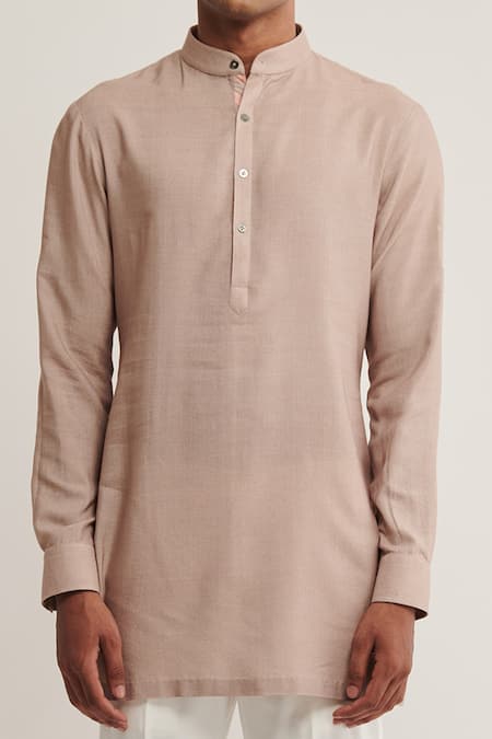 Dhruv Vaish_Brown Cotton Silk Plain Short Kurta  _Online_at_Aza_Fashions
