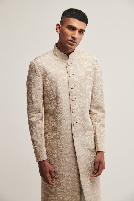Dhruv Vaish_Brown Silk Floral Embroidered Sherwani Set_Online_at_Aza_Fashions