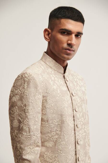 Buy_Dhruv Vaish_Brown Silk Floral Embroidered Sherwani Set_Online_at_Aza_Fashions