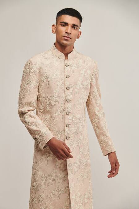 Dhruv Vaish_Pink Silk Floral Embroidered Sherwani Set_Online_at_Aza_Fashions
