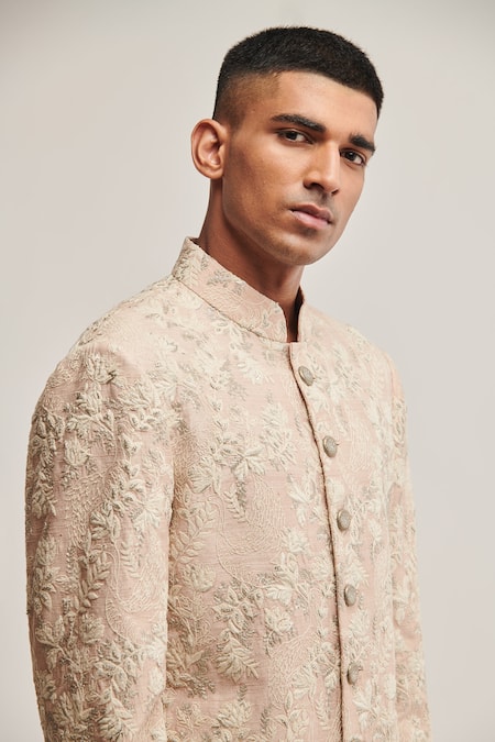 Buy_Dhruv Vaish_Pink Silk Floral Embroidered Sherwani Set_Online_at_Aza_Fashions