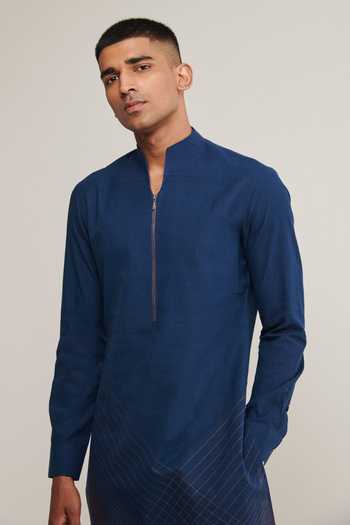 Buy_Dhruv Vaish_Blue Handloom Cotton Geometric Printed Kurta Set _Online_at_Aza_Fashions
