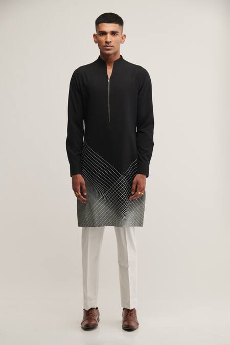 Dhruv Vaish_Black Handloom Cotton Geometric Printed Kurta Set _Online_at_Aza_Fashions