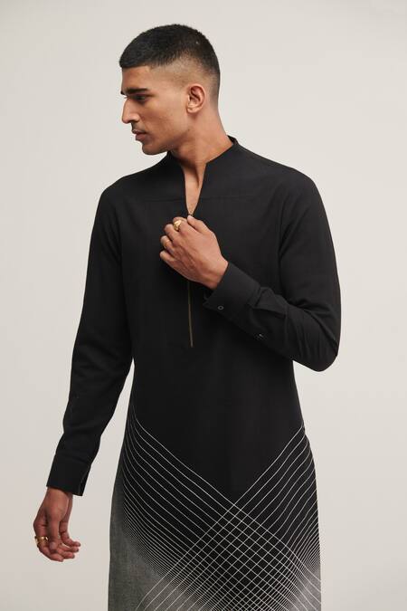 Buy_Dhruv Vaish_Black Handloom Cotton Geometric Printed Kurta Set _Online_at_Aza_Fashions
