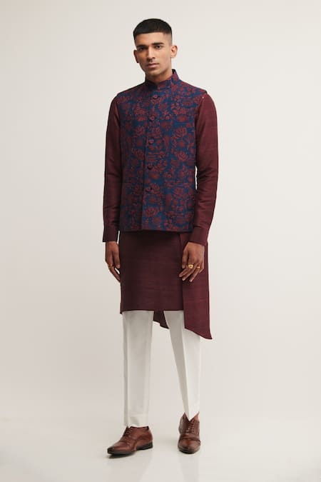 Dhruv Vaish Blue Silk Embroidered Floral Jawahar Jacket  