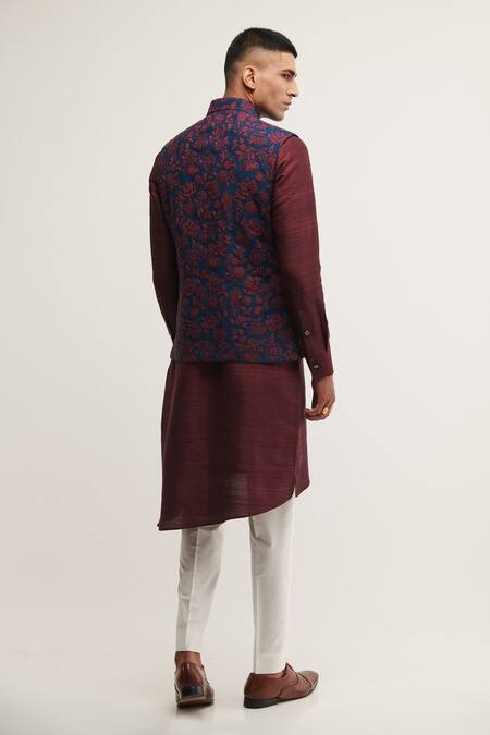 Shop_Dhruv Vaish_Blue Silk Floral Embroidered Jawahar Jacket _at_Aza_Fashions