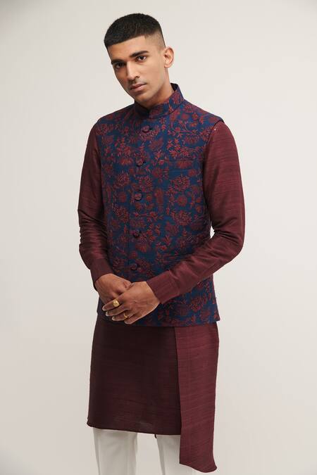 Dhruv Vaish_Blue Silk Floral Embroidered Jawahar Jacket _Online_at_Aza_Fashions