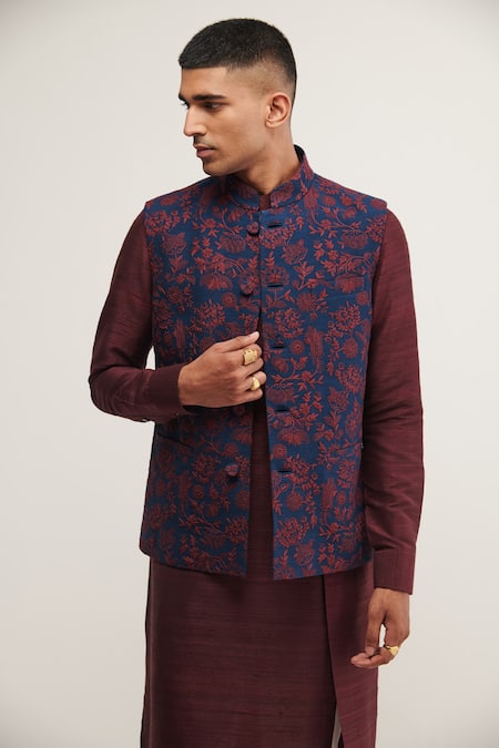 Buy_Dhruv Vaish_Blue Silk Floral Embroidered Jawahar Jacket _Online_at_Aza_Fashions