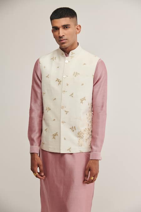 Dhruv Vaish White Silk Embroidered Floral Jawahar Jacket  