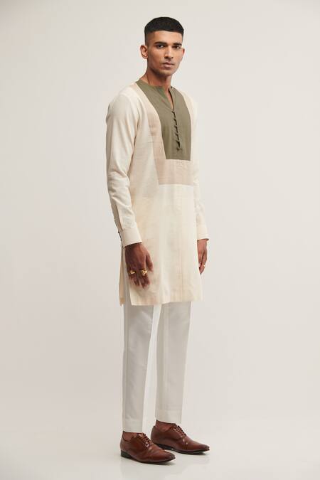 Dhruv Vaish_Beige Handloom Cotton Colorblock Kurta _Online_at_Aza_Fashions