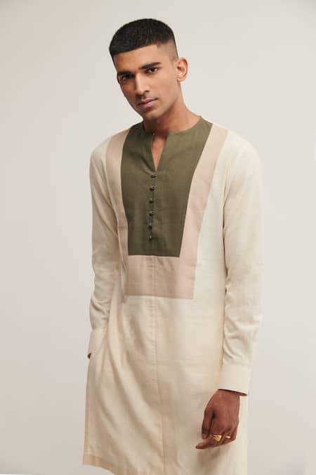 Buy_Dhruv Vaish_Beige Handloom Cotton Colorblock Kurta _Online_at_Aza_Fashions