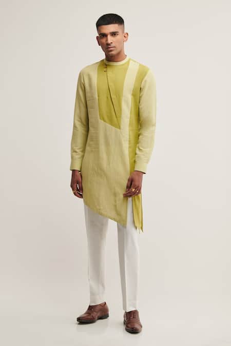 Dhruv Vaish_Green Handloom Cotton Asymmetric Kurta_Online_at_Aza_Fashions