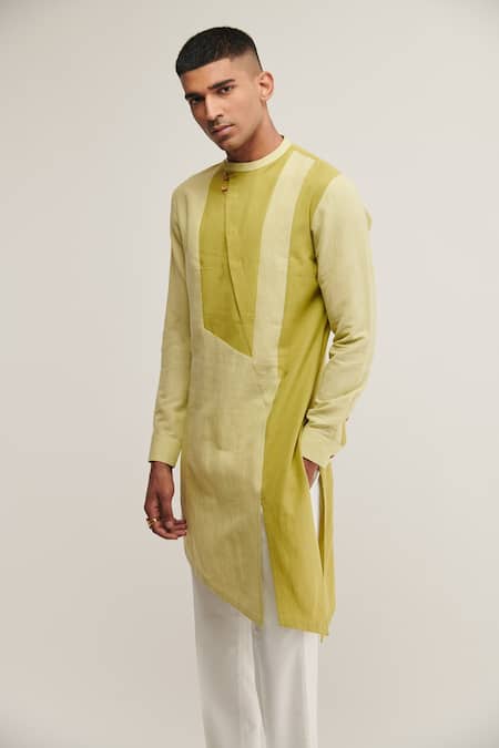 Buy_Dhruv Vaish_Green Handloom Cotton Asymmetric Kurta_Online_at_Aza_Fashions