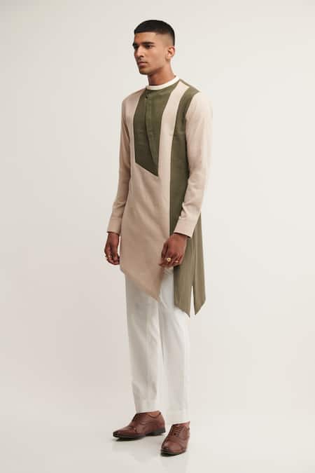 Dhruv Vaish_Beige Handloom Cotton Colorblock Kurta _Online_at_Aza_Fashions