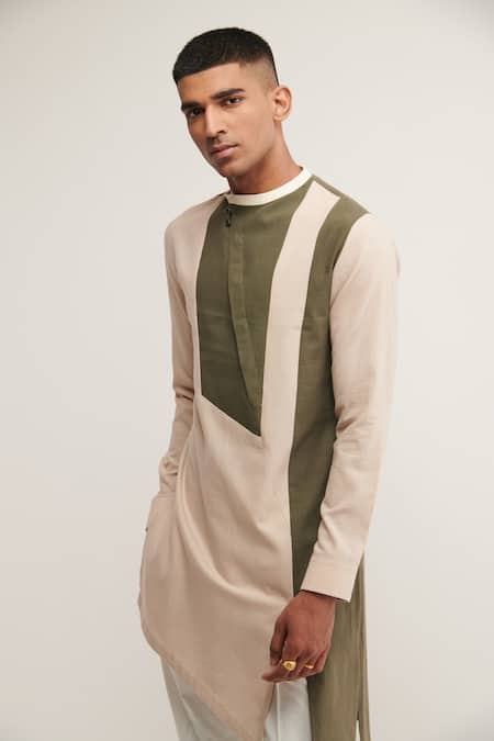 Buy_Dhruv Vaish_Beige Handloom Cotton Colorblock Kurta _Online_at_Aza_Fashions