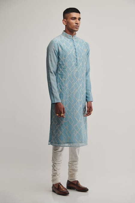 Dhruv Vaish Blue Cotton Silk Chanderi Geometric Kurta Set Online at Aza Fashions Dhruv Vaish_Blue Cotton Silk Chanderi Geometric Kurta Set_Online_at_Aza_Fashions