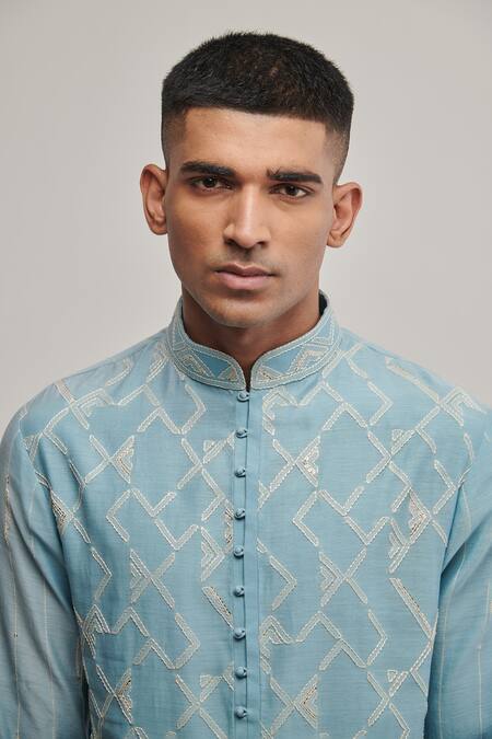 Buy Dhruv Vaish Blue Cotton Silk Chanderi Geometric Kurta Set Online at Aza Fashions Buy_Dhruv Vaish_Blue Cotton Silk Chanderi Geometric Kurta Set_Online_at_Aza_Fashions