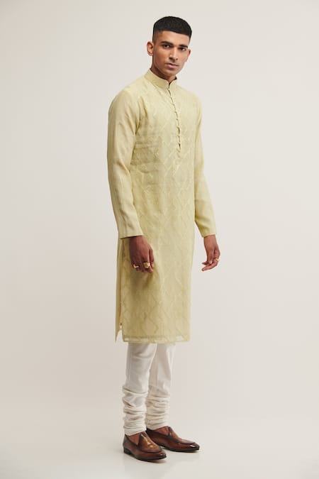 Dhruv Vaish_Green Cotton Silk Chanderi Geometric Kurta Set_Online_at_Aza_Fashions