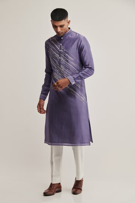 Dhruv Vaish Blue Cotton Silk Chanderi Embroidered Diagonal Kurta Set  