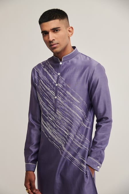 Buy_Dhruv Vaish_Blue Cotton Silk Chanderi Diagonal Embroidered Kurta Set _Online_at_Aza_Fashions