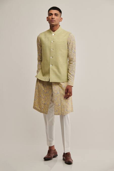 Dhruv Vaish Green Cotton Silk Embroidered Zig Zag Jawahar Jacket  