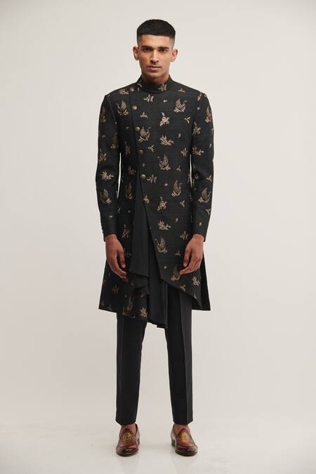 Dhruv Vaish_Black Silk Bird, Floral Draped Sherwani Set_Online_at_Aza_Fashions