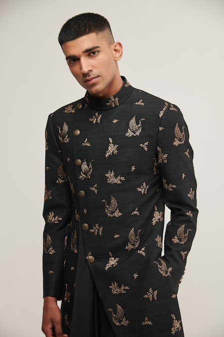 Buy_Dhruv Vaish_Black Silk Bird, Floral Draped Sherwani Set_Online_at_Aza_Fashions