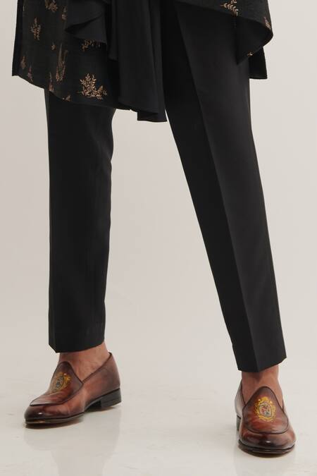 Shop_Dhruv Vaish_Black Silk Bird, Floral Draped Sherwani Set_Online_at_Aza_Fashions