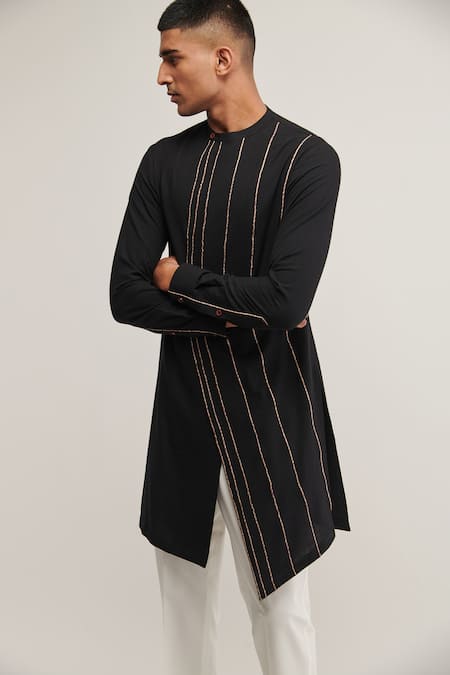 Buy_Dhruv Vaish_Black Handloom Cotton Striped Kurta Set _Online_at_Aza_Fashions