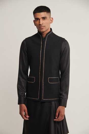 Dhruv Vaish_Black Handloom Cotton Striped Jawahar Jacket _Online_at_Aza_Fashions