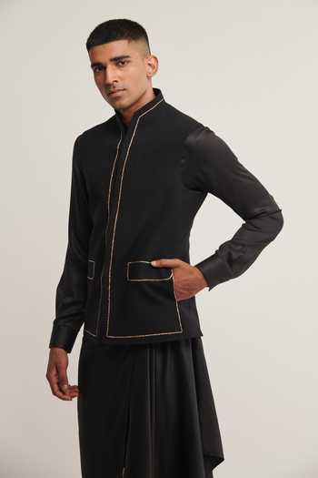Buy_Dhruv Vaish_Black Handloom Cotton Striped Jawahar Jacket _Online_at_Aza_Fashions