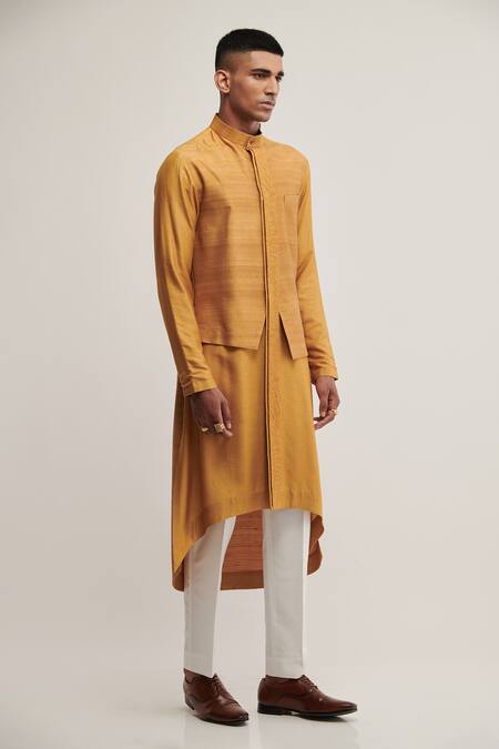Dhruv Vaish_Yellow Raw , Cotton Panelled Kurta Set _Online_at_Aza_Fashions