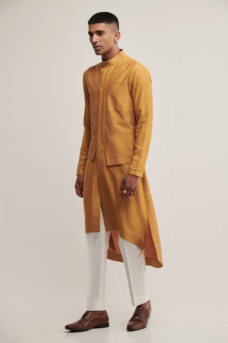 Buy_Dhruv Vaish_Yellow Raw , Cotton Panelled Kurta Set _Online_at_Aza_Fashions