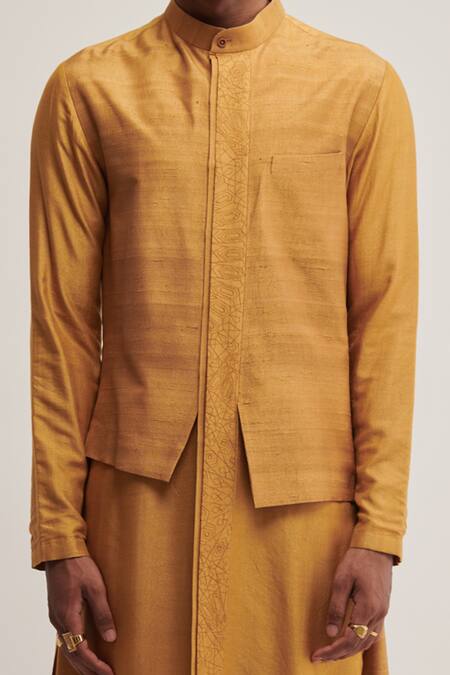 Shop_Dhruv Vaish_Yellow Raw , Cotton Panelled Kurta Set _Online_at_Aza_Fashions