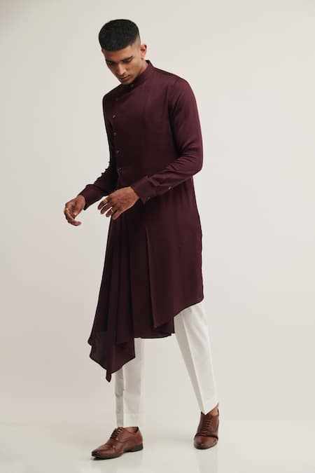 Dhruv Vaish_Maroon Cotton Satin Draped Kurta Set _Online_at_Aza_Fashions