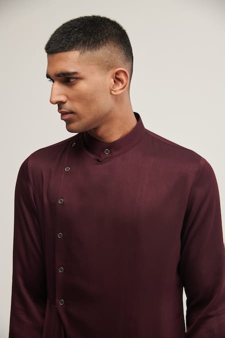 Buy_Dhruv Vaish_Maroon Cotton Satin Draped Kurta Set _Online_at_Aza_Fashions