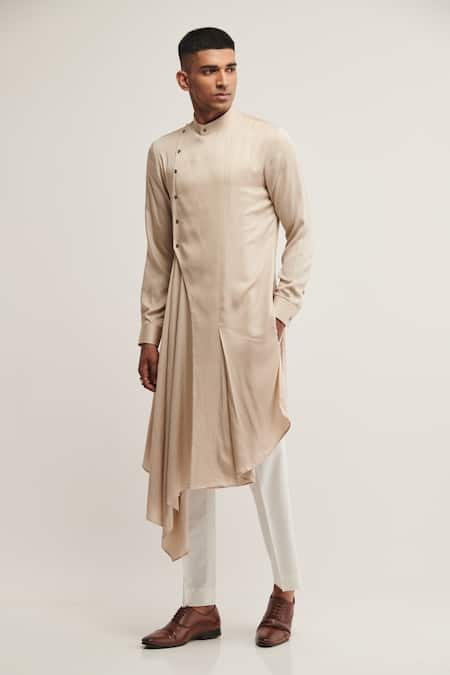 Dhruv Vaish Beige Cotton Satin Plain Draped Kurta Set  