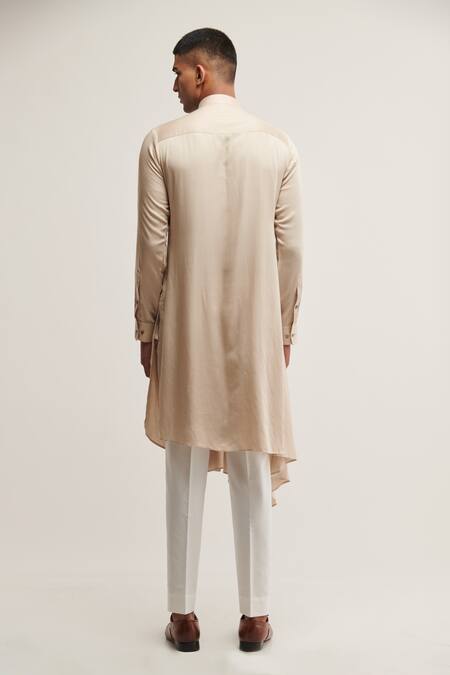 Shop_Dhruv Vaish_Beige Cotton Satin Draped Kurta Set _at_Aza_Fashions