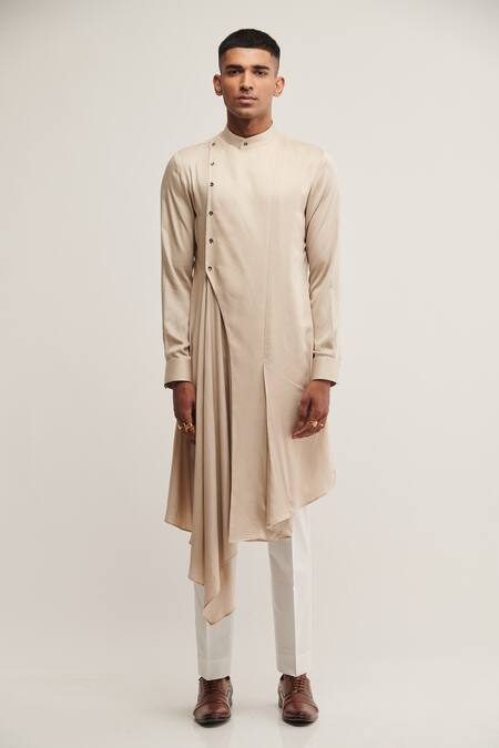 Dhruv Vaish_Beige Cotton Satin Draped Kurta Set _Online_at_Aza_Fashions