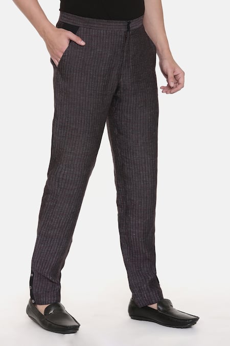 Mayank Modi - Men_Black 100% Linen Striped Trouser_Online_at_Aza_Fashions