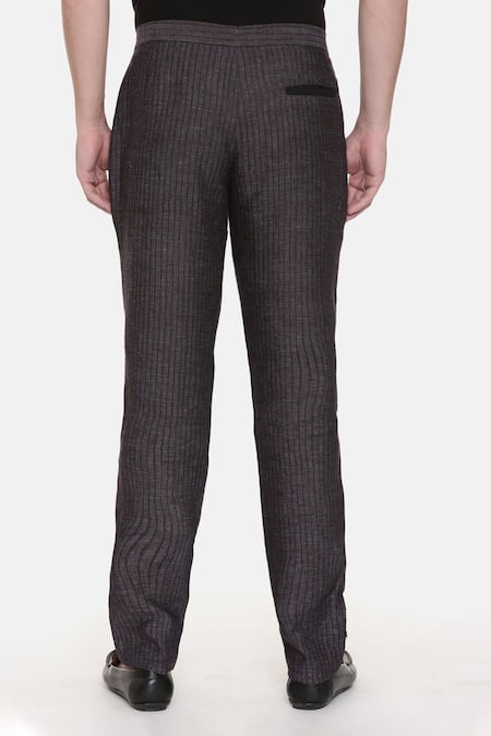 Buy_Mayank Modi - Men_Black 100% Linen Striped Trouser_Online_at_Aza_Fashions