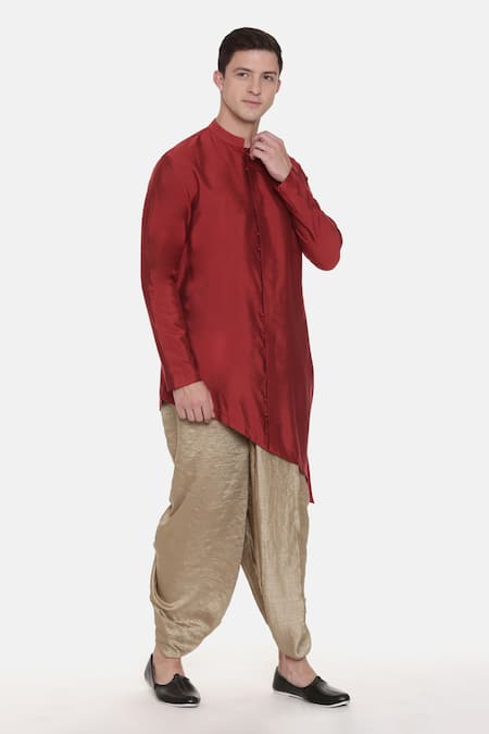 Shop_Mayank Modi - Men_Gold Silk Slub Plain Metallic Pleated Dhoti Pant _at_Aza_Fashions