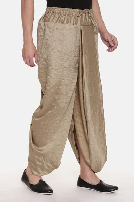 Buy_Mayank Modi - Men_Gold Silk Slub Plain Metallic Pleated Dhoti Pant _Online_at_Aza_Fashions