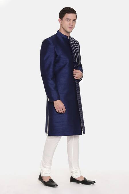 Mayank Modi - Men_Blue Silk Embroidery Sherwani Set For Kids_Online_at_Aza_Fashions