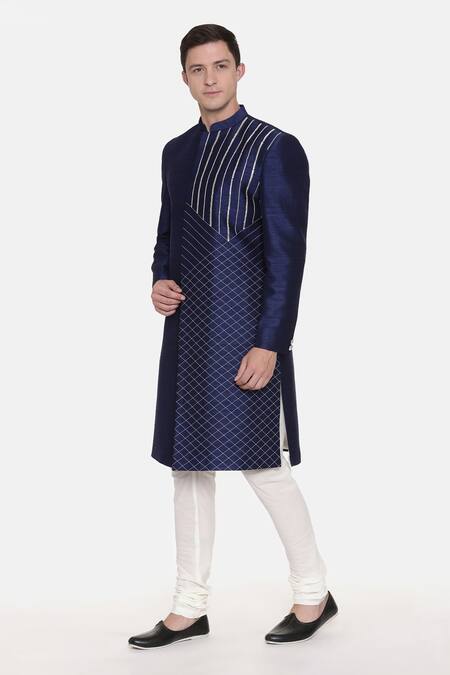 Shop_Mayank Modi - Men_Blue Silk Embroidery Sherwani Set For Kids_Online_at_Aza_Fashions