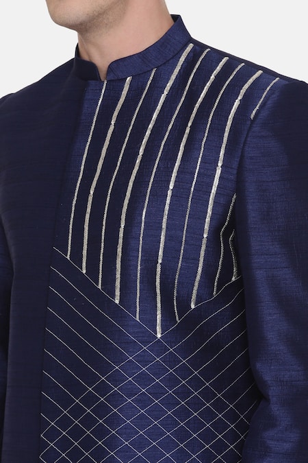 Mayank Modi - Men_Blue Silk Embroidery Sherwani Set For Kids_at_Aza_Fashions